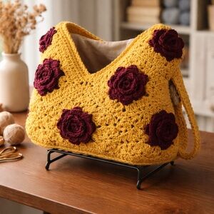 Handmade Mustard Yellow Crochet Shoulder Bag with Burgundy Flowers